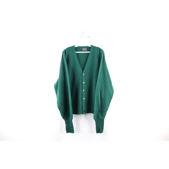 Vintage 70s Grunge Mens Large Kurt Cobain Knit Button Cardigan Sweater Green USA